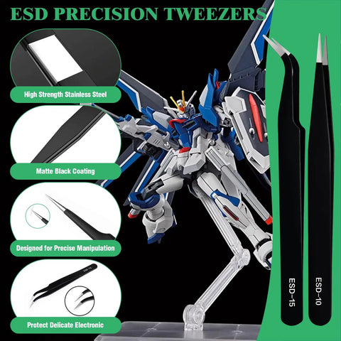 Must Have 17 Piece Hobby Model Tool Kit With Flush Pliers Mini File Craft Knife Tweezers for Gundam and Miniature Building, ESD tweezers detail