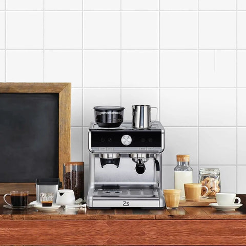 Straight Up Professional Espresso Machine With Built In Grinder And Pid Temp Control To Pour Legit Crema and Swift Shots Using 58Mm Portafilter Plus Hot Steam Wand For Silky Foam On Any Counter on a wooden kitchen counter.