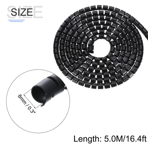 Cable Management Sleeve Kit With Spiral Tube Wrap, 5M length, 8mm diameter, black PE, for tidy cable organizing
