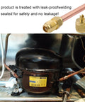 Image showing brass-copper service valve attached to HVAC compressor. Four Pack Service Access Valve For HVAC And Car AC, One Quarter Inch SAE To One Quarter Inch OD, 2.95 Inch Stem, Brass And Copper Construction, Corrosion Resistant For Home Refrigeration Repair And Auto Climate Systems.