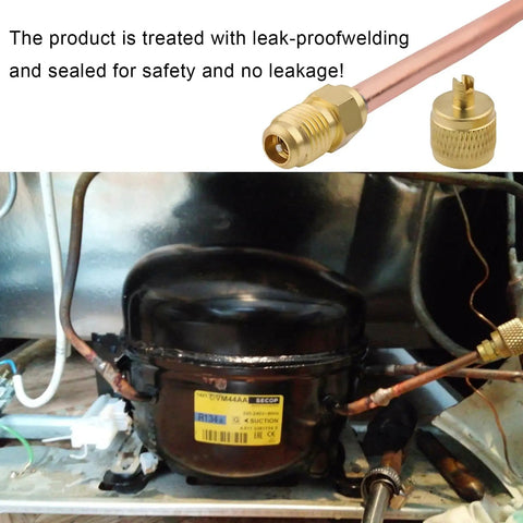 Image showing brass-copper service valve attached to HVAC compressor. Four Pack Service Access Valve For HVAC And Car AC, One Quarter Inch SAE To One Quarter Inch OD, 2.95 Inch Stem, Brass And Copper Construction, Corrosion Resistant For Home Refrigeration Repair And Auto Climate Systems.