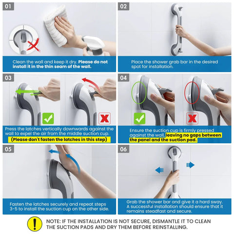 Installation instructions for Top Shelf Shower Grab Bar With Heavy Duty Suction Mount For Seniors Elderly Portable Non Slip Bathroom Safety Handle.