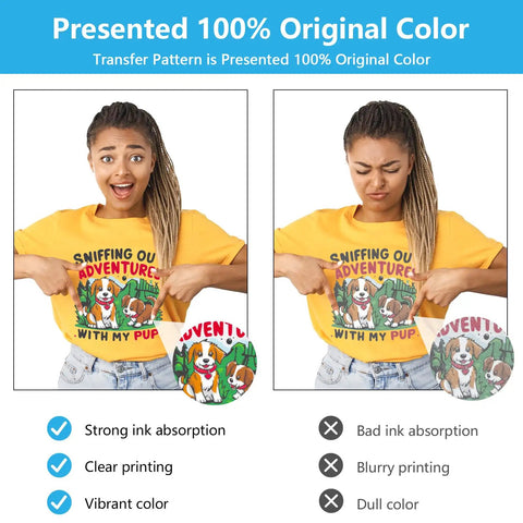 Comparison of T-shirt print quality with DTF Transfer Film 13x19 Inch A3 Plus Double Sided Matte Clear PET Paper 60 Sheets