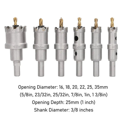 Aolidsive Carbide Hole Saw Kit With 3 Blade Drill Bits For Smooth Cutting, Includes 6 Sizes From 16Mm To 35Mm Perfect For Home Projects And Daily DIY Tasks. 3/8-inch shank, 16-35mm carbide hole saw set