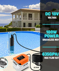 Dead Simple Cordless Submersible Water Pump For DeWalt 20V And 60V Battery shown in pool environment with specs.