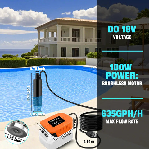 Dead Simple Cordless Submersible Water Pump For DeWalt 20V And 60V Battery shown in pool environment with specs.