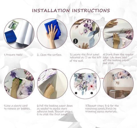 Instructional guide for Peel And Stick Floral Wall Decal Kit 6 Piece Set Easy To Install Featuring Peony And Rose Flowers.