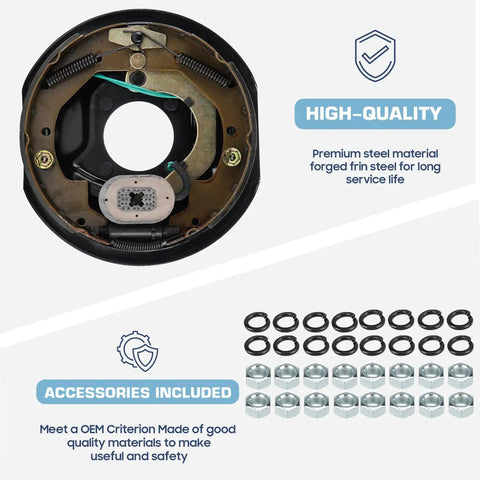 Trailer Electric Brake Assemblies Set Of Two Pairs Ten Inch By Two And One Quarter Inch Four Hole Mount For 3500 Lb Axles Left And Right Heavy Duty Braking For Safer Towing, showing parts and materials