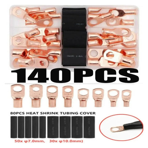 Heavy Duty 140CPS Copper Ring Terminals For Car Auto Battery Wiring Plus Soldered Connectors Kit Heat Shrink Tubes, 140 pcs