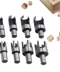 Pro Grade Slick Acting Wood Plug Cutter Set Built Tough With Heavy Duty Carbon Steel shows 8pc cutter sizes from 1/4 to 5/8 inch.