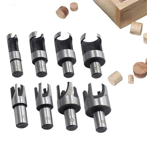 Pro Grade Slick Acting Wood Plug Cutter Set Built Tough With Heavy Duty Carbon Steel shows 8pc cutter sizes from 1/4 to 5/8 inch.