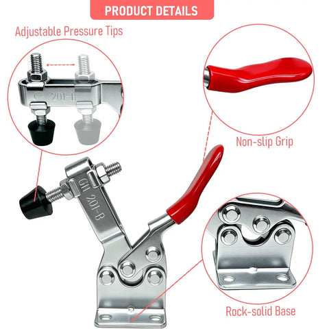Product details of 4 Pack 201B Quick Release Toggle Clamp Set, 300 Lbs Holding Capacity, showing adjustable pressure tips and non-slip grip.
