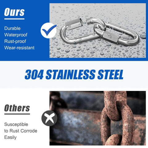 Comparison of 15 Piece M6 One Quarter Inch Quick Link Chain Connectors Made From 304 Stainless Steel with rusty alternatives