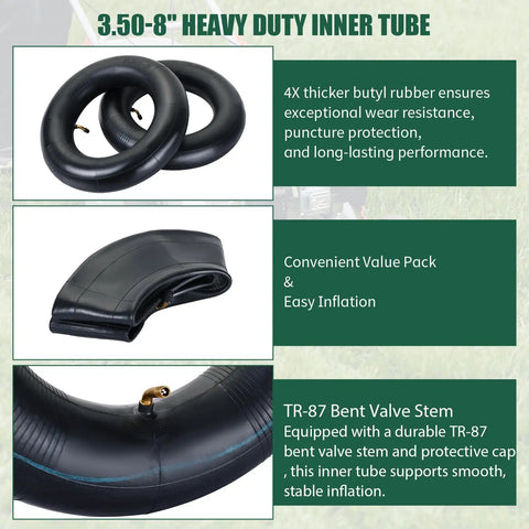 Two Pack 3.50-8 Inner Tubes With TR-87 Valve Stem For Small Utility Equipment, Fits 8-Inch Rims, displayed in packaging