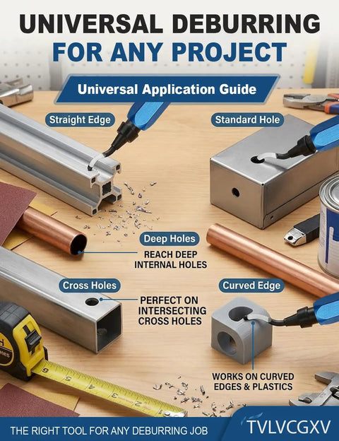 Heavy Duty 11 Blade HSS Deburring Tool Kit For Metal And PVC with blue handle, shown on diverse materials for deburring.
