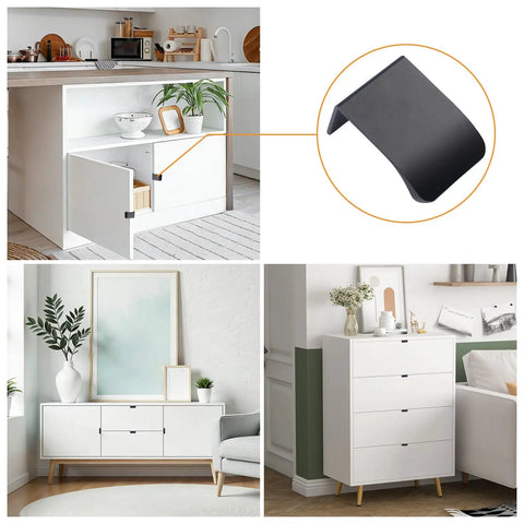 Six Pack Slick Finger Edge Pulls Self Stick Instant Cabinet Drawer Pull Concealed Handles in use on white furniture, modern decor