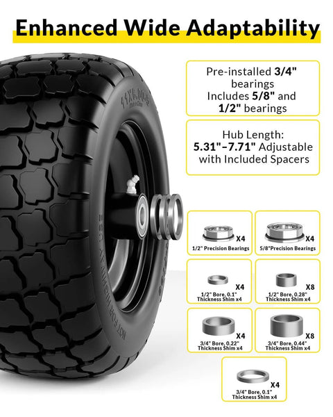 Flat Free Lawn Mower Tire and Wheel Set 11 By 6.00 By 5 Front Solid Tires for Zero Turn Mowers with universal bearings and spacers