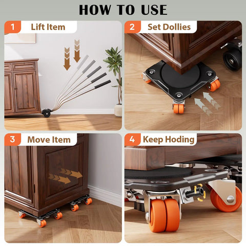 How to use Awesome Heavy Duty Furniture Movers Dolly Set with auxiliary lifter and dual wheeled casters for moving furniture.
