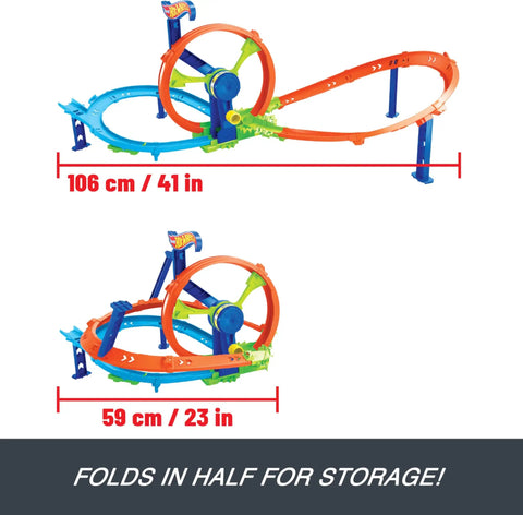 Launch And Loop Toy Car Track Set With Cranked Wheel Booster And Figure Eight Crash Zone, folded and unfolded setup, size details.