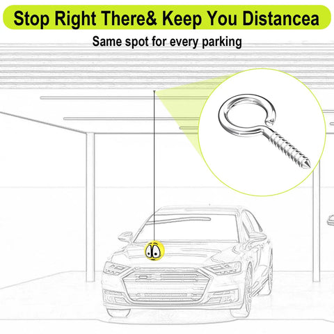 Garage Tennis Ball Parking Aid System With Four Balls Four Cord Locks And Four Screw Hooks Complete Two Sets Parking Solution Adjustable Ceiling Cord Length Easy Install For Precise Car Parking In Home Garage, screw hook close-up