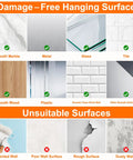 Chart showing suitable and unsuitable surfaces for Heavy Duty Adhesive Hooks Up To 50 LB Matte Black Wall Hangers