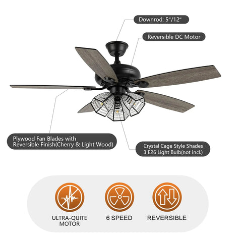Crystal 52 Inch Ceiling Fan With Lights Remote Slick 6 Speed DC Motor Farmhouse Caged Design Black Finish 3 Light Kit