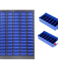 Hella Sturdy Heavy Duty Parts Cabinet With Seventy Five Drawers 860 Lb Capacity Solid Steel Label System Non Slip Base featuring blue bins.