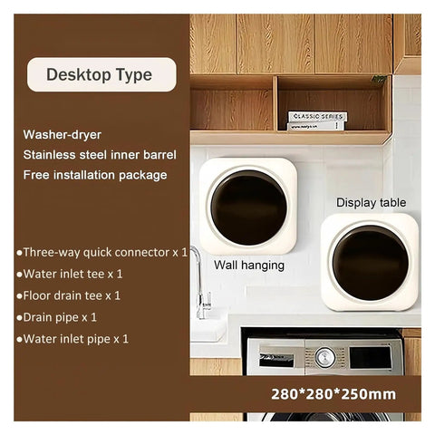 Compact 2 In 1 Washer Dryer Combo, 3.5L Mini Washing Machine With Lcd Touch Panel and Stainless Steel Drum, wall-mounted setup with display table.