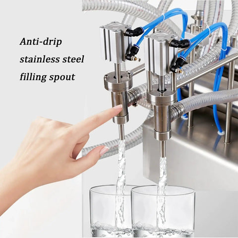 Heavy Duty Double Head Pneumatic Bottle Filler Built Tough Handles One To Forty Bottles Per Minute Stainless Steel Liquid Filling Machine pouring liquid.