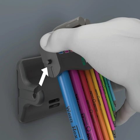 Hand adjusting Hex Plus 9 Piece Metric L Key Set In Multicolor With Magnetic Clip Rack For Wall Or Table Mount Demagnetize And Magnetize Tool Tips.