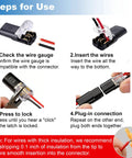 100 Piece Plug In Wire Connectors For Quick 1 Second Connections Genderless Snap Together Quick Connectors That Click In No Time No Tools Needed Easy DIY Electrical Wiring Replacement Kit Durable Safe And Reliable steps for use diagram