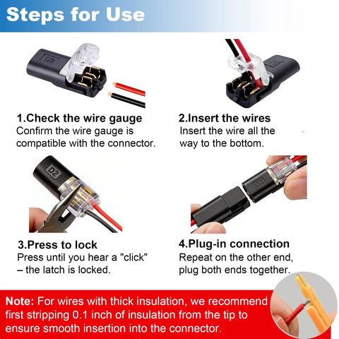 100 Piece Plug In Wire Connectors For Quick 1 Second Connections Genderless Snap Together Quick Connectors That Click In No Time No Tools Needed Easy DIY Electrical Wiring Replacement Kit Durable Safe And Reliable steps for use diagram