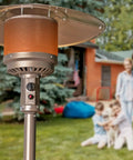 Stainless steel gas patio heater with threaded thermocouple, brass fitting, and flame-out protection