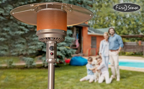 Stainless steel gas patio heater with threaded thermocouple, brass fitting, and flame-out protection