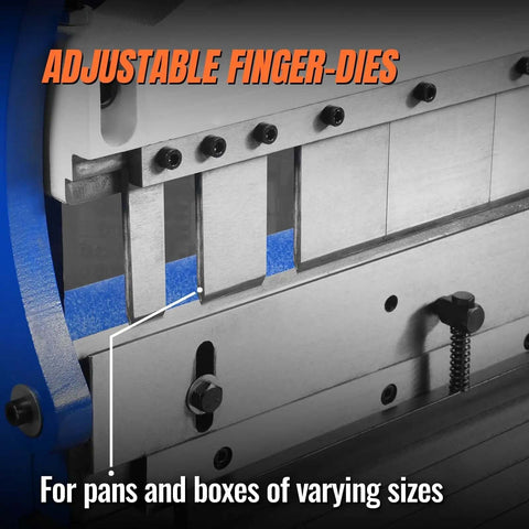 Close-up of adjustable finger dies on 52-Inch 3-In-1 Pan And Box Brake With Slip Roll, Shear, Bending Machine for sheet metal MMCB5220