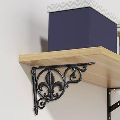 Heavy Duty Decorative Shelf Bracket For Wall Mounts supporting a wooden shelf with a black metal design, ideal for cafes and kitchens.