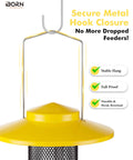 Outdoor Finch Feeder For Nyjer Seed Tube With Metal Mesh 13 Inch Length Weatherproof Roof And Tray 2 Lb Capacity Hanging Bird Feeder For Backyards Yellow showing metal hook closure.