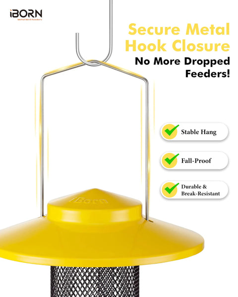 Outdoor Finch Feeder For Nyjer Seed Tube With Metal Mesh 13 Inch Length Weatherproof Roof And Tray 2 Lb Capacity Hanging Bird Feeder For Backyards Yellow showing metal hook closure.