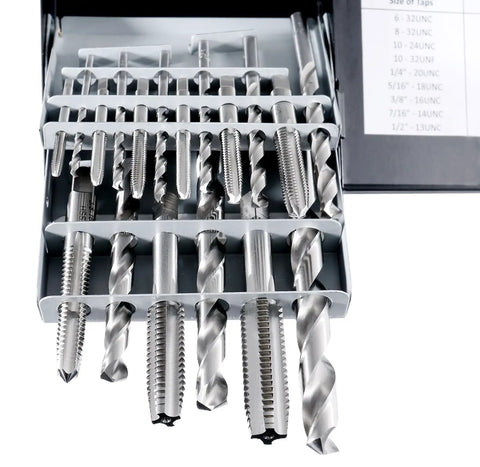 Pro Grade HSS Tap And Drill Set For UNC Threads 18 Piece Kit with neatly arranged taps and drills in metal index