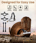 Image of Two Pack Cowboy Boot Spurs With Rotatable Gear Plus Belt Straps And Tie Down Straps Stainless Steel Western Spurs on boot