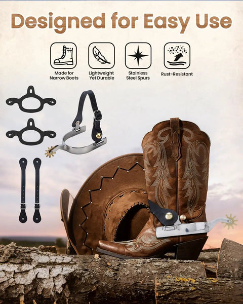 Image of Two Pack Cowboy Boot Spurs With Rotatable Gear Plus Belt Straps And Tie Down Straps Stainless Steel Western Spurs on boot