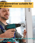 Man using 105 Degree Right Angle Drill Adapter For Tight Spaces Flexible Extension Bit Kit For Impact Drivers And Magnetic Screwdriver Sockets Quick Swap And Narrow Corner Reach For Drill And Screwdriver in window frame