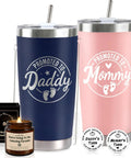 Celebrate The Freshly Minted Arrival Of New Mama And Papa With This Awesome Gift Set For Couples Featuring Matching Tumblers Paired With A Warm Cozy Candle Perfect For Baby Showers First Fathers Day And Parenting Squad Celebrations: pink and blue insulated cups with straws, and a scented candle.
