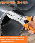 Carbon Steel 5 Blade Hand Crimper for gutter and ductwork shown in use on metal pipes with ergonomic rubber handle design.