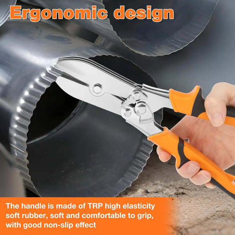Carbon Steel 5 Blade Hand Crimper for gutter and ductwork shown in use on metal pipes with ergonomic rubber handle design.