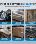 Image showing Emergency Car Window Cover Tape 12ft XL Waterproof 17.5 Inch Wide No Residue Temporary Glass Repair Film in various uses: broken car windows, furniture, construction, surface cover, packaging, equipment wrap.