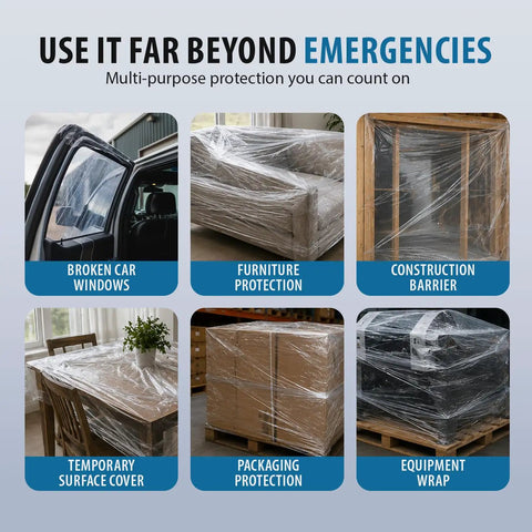 Image showing Emergency Car Window Cover Tape 12ft XL Waterproof 17.5 Inch Wide No Residue Temporary Glass Repair Film in various uses: broken car windows, furniture, construction, surface cover, packaging, equipment wrap.