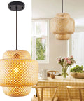 Hand Woven Boho Bamboo Pendant Light With Rattan Coastal Charm in dining room, adjustable domed wicker hanging lamp fixture.