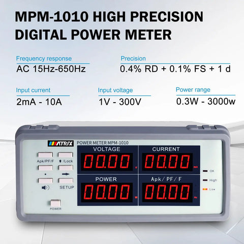 High Precision Bench Digital AC Power Meter For Lab And Workshop Pro Grade Readouts Of Voltage Current Power Factor And Frequency With Upper And Lower Limit Alarm Built In Processor And Accurate 0.4 Percent Plus 0.1 Percent, front view