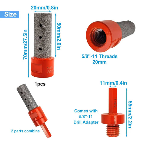 Pro Grade Diamond Chamfering And Countersink Drill Bit Set For Glass And Ceramic Tiles, 3-piece kit with dimensions and adapter